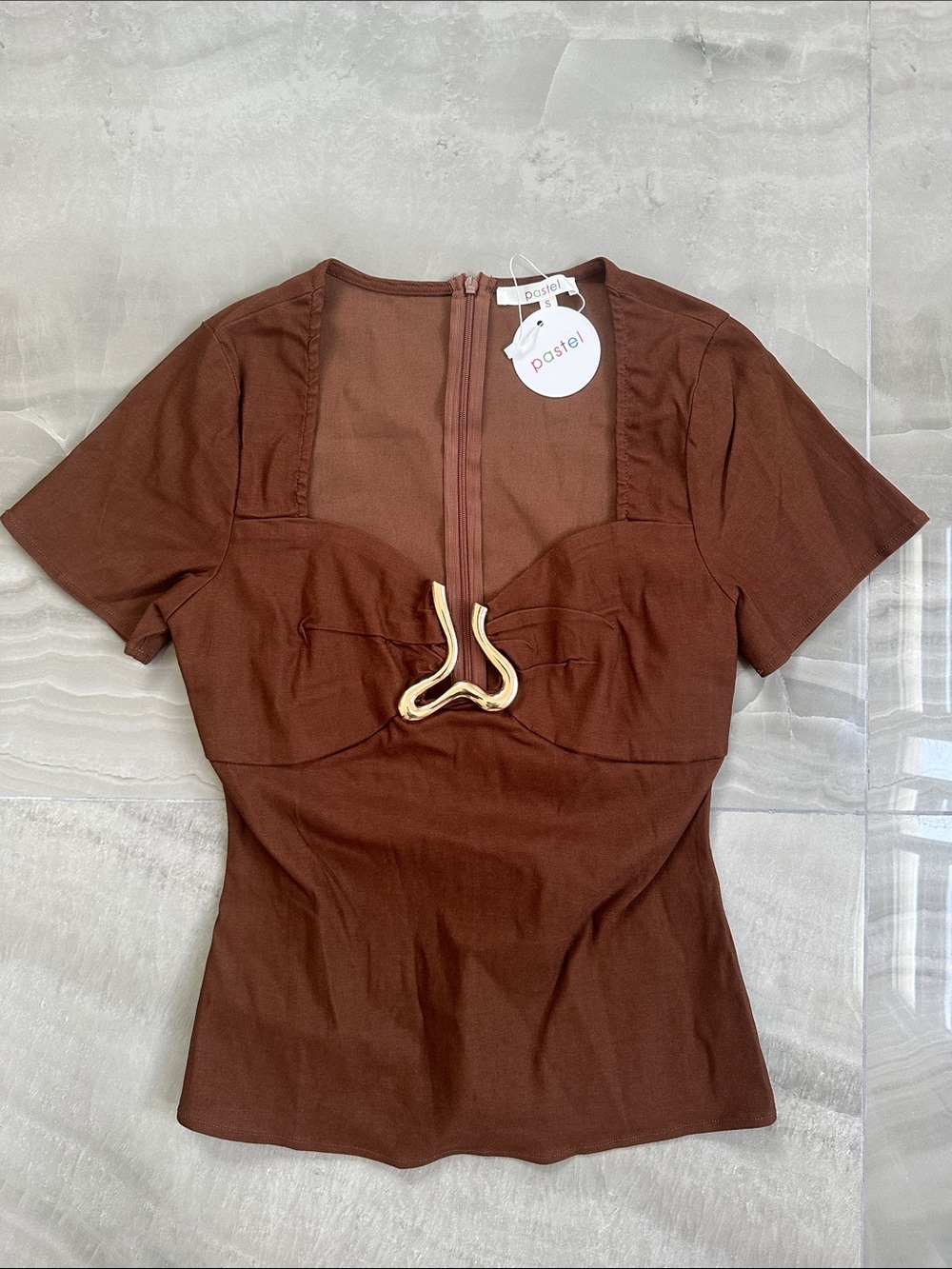 Pastels Chocolate Brown Sweetheart Top with Gold Accent